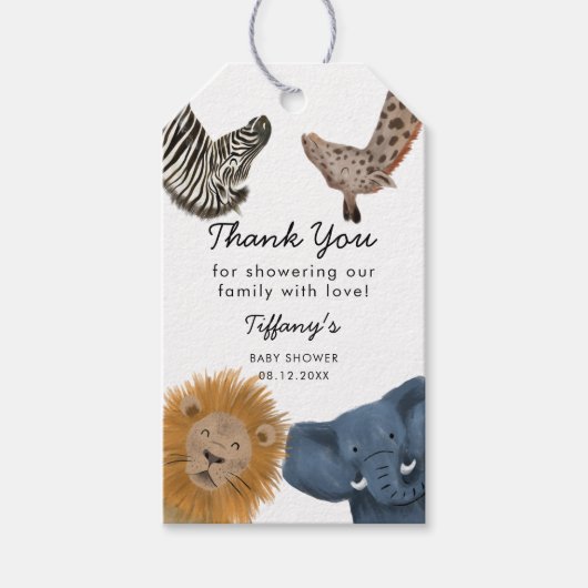 Schattige Safari Zoo Dieren Baby shower Cadeaulabel (Voorkant)