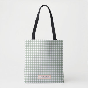 Schattige Sage Green Plaid Gepersonaliseerd Tote Bag