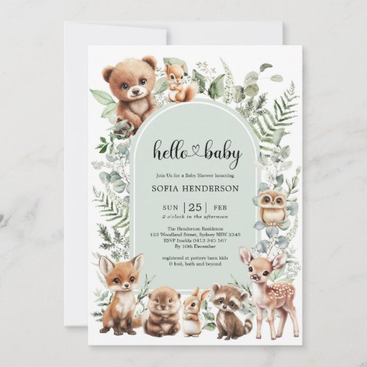Schattige Sage Greenery Forest Animals Baby shower Kaart (Voorkant)
