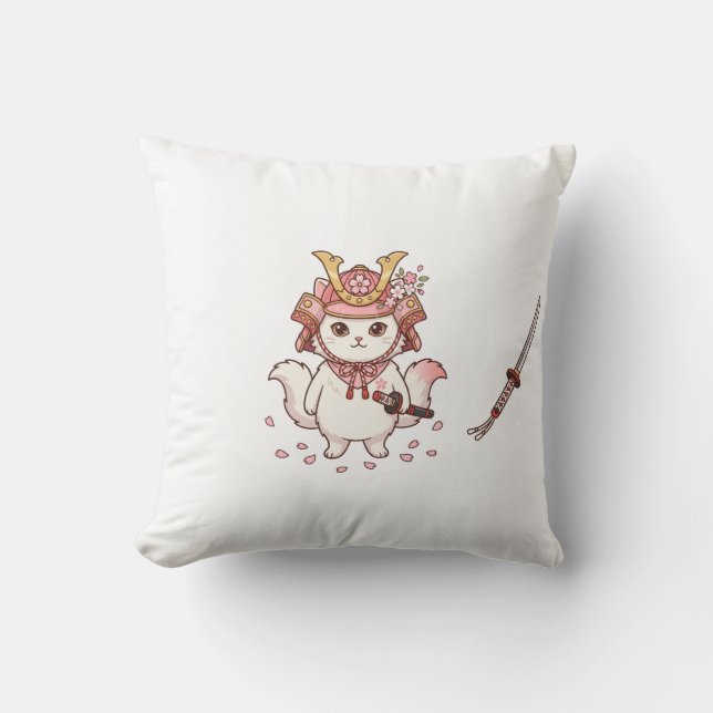Schattige samoeraikat in roze Sakura helm Kussen (Voorkant)