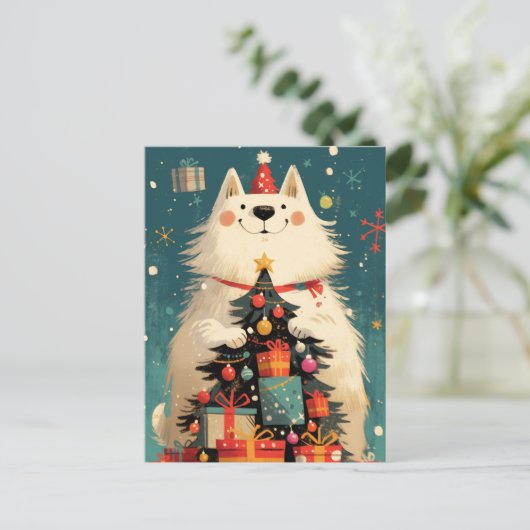 Schattige Samojed hond met Kerstmis Feestdagenkaart (Staand voorkant)