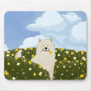 Schattige Samoyed Hond in Veld met Gele Bloemen (B Muismat