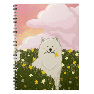 Schattige Samoyed Hond in Veld met Gele Bloemen (R Notitieboek