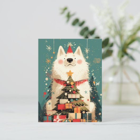 Schattige Samoyed hond met Kerstmis Feestdagenkaart (Staand voorkant)