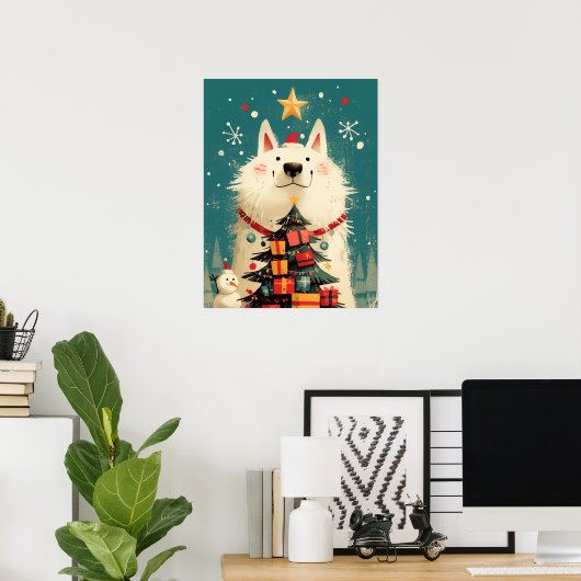 Schattige Samoyed hond met Kerstmis Poster (Thuiskantoor)
