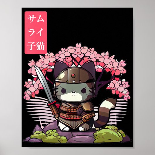 Schattige Samurai Kitten met Kersenbloesem Japans Poster (Voorkant)