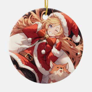 Schattige Santa Anime Girl Bag of Gifts en Pet Dog Keramisch Ornament