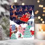 Schattige  Santa Christmas Nordic Village Feestdagen Kaart<br><div class="desc">De nacht voor Kerstmis met vader Kerstman Kerstmis in zijn slee en zijn rendieren Rudolf de rendieren boven een noordse dorp Xmas Vakantie sneeuw scène landschap illustratie. Origineel kunstwerk van Caroline Bonne Müller</div>