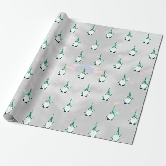 Schattige Santa Gnome Green Pattern Sparkly White  Cadeaupapier (Uitgerold)
