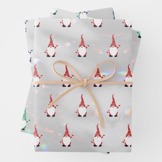 Schattige Santa Gnome Pattern Sparkly White Silver Inpakpapier Vel (In situ)