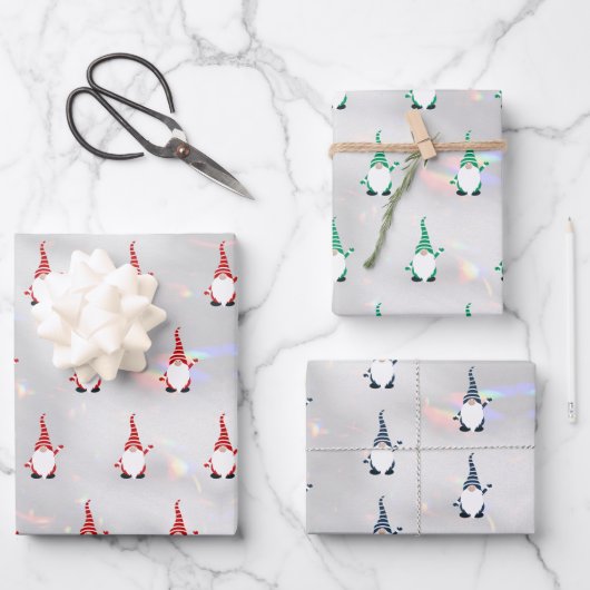 Schattige Santa Gnome Pattern Sparkly White Silver Inpakpapier Vel (Voorkant)