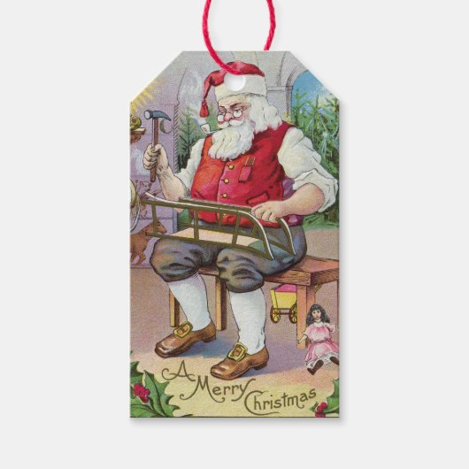 Schattige Santa Making a Sled Gift Label Cadeaulabel (Voorkant)