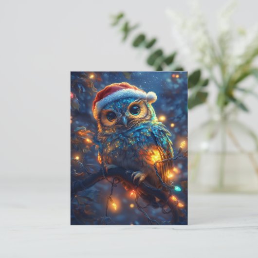 Schattige Santa Owl en verlichting Briefkaart (Staand voorkant)