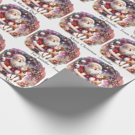 Schattige Santa Reindeer Voeg de naam van het kind Cadeaupapier (Hoek)
