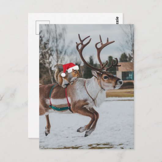 Schattige Santa Squirrel Leaping Reindeer in Snow Briefkaart (Voorkant / Achterkant)