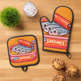 Schattige Sardines Vis Cartoon Ovenwant & Pannenlap Set