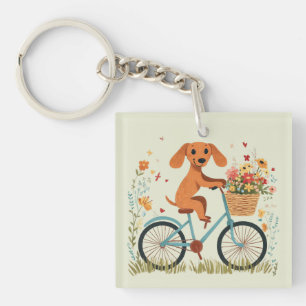 Schattige Saus-dog Honden Fietsen Lente Bloemen Sleutelhanger