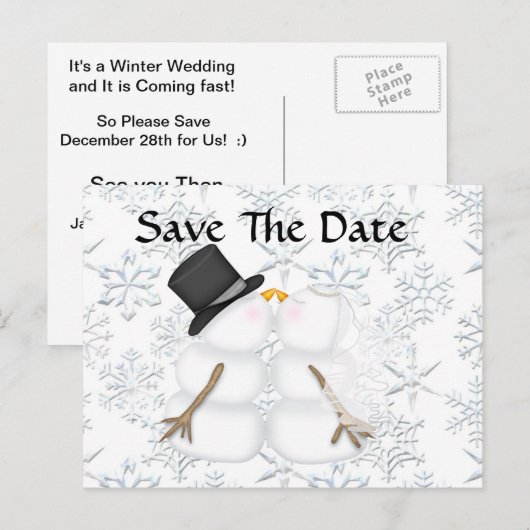 SCHATTIGE Save the Date BRIDE & GROOM Snowman Aankondigingskaart (Voorkant / Achterkant)