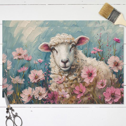 Schattige Schaap en Roze Wildbloemen Schilderij De Tissuepapier