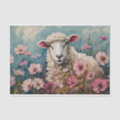 Schattige Schaap en Roze Wildbloemen Schilderij De Tissuepapier (Voorkant)