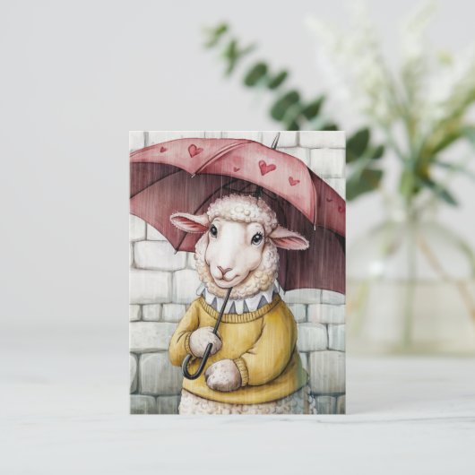 Schattige schaap in gele trui met paraplu briefkaart (Staand voorkant)