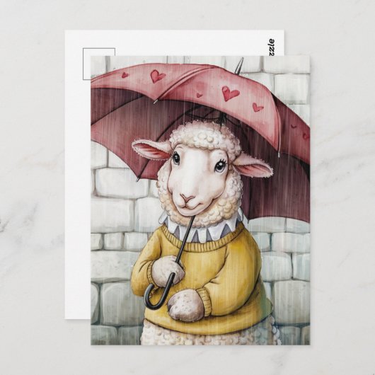Schattige schaap in gele trui met paraplu briefkaart (Voorkant / Achterkant)