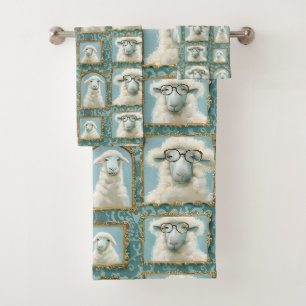Schattige schaap met bril op blauw bad handdoek