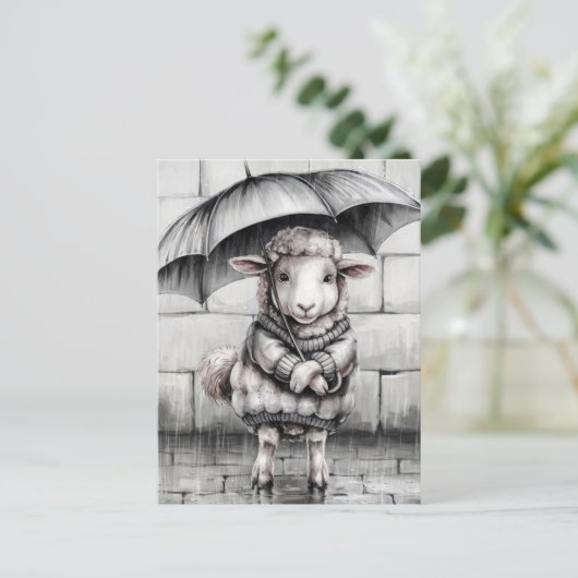 Schattige schaap met paraplu zwart en wit briefkaart (Staand voorkant)
