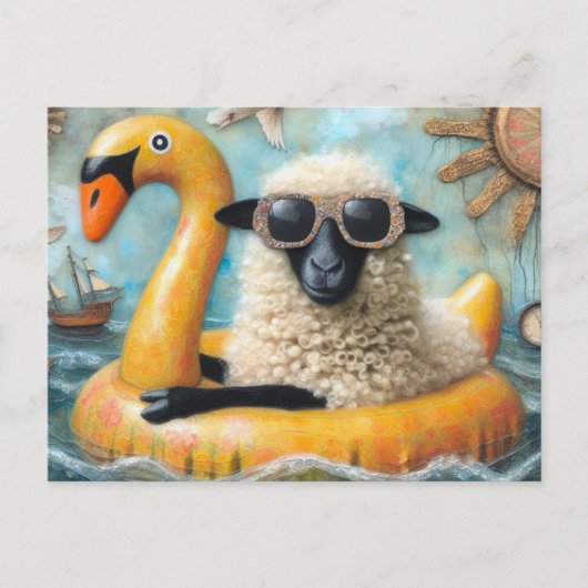 Schattige Schaap op Yellow Swan Floatie Briefkaart (Voorkant)