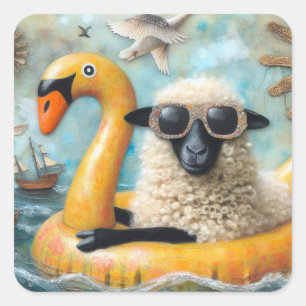 Schattige Schaap op Yellow Swan Floatie Vierkante Sticker