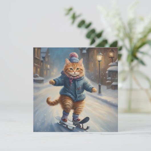 Schattige Schaatsen Meowy Kerstmis Kat Lover Feestdagenkaart (Staand voorkant)