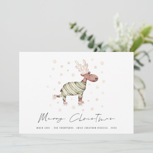 Schattige Schaatsen Rendier Vrolijk Kerstfeest Feestdagenkaart (Staand voorkant)