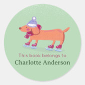 Schattige Schaatsen Teckel Groene School Bookplate Ronde Sticker (Voorkant)