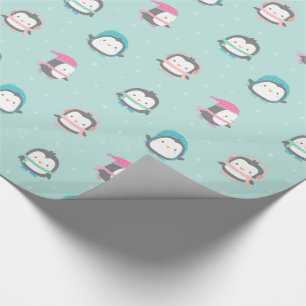 Schattige Schaatsende Pinguïns Kerstpatroon Cadeaupapier