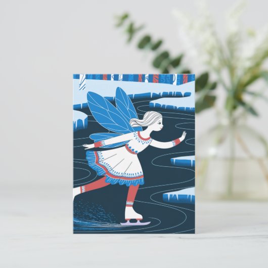 Schattige schaatsfee ijzige wintervijver briefkaart (Staand voorkant)
