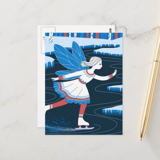 Schattige schaatsfee ijzige wintervijver briefkaart (Voorkant / Achterkant in situ)