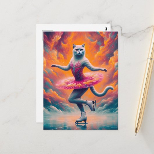 Schattige schaatskat briefkaart (Voorkant / Achterkant in situ)
