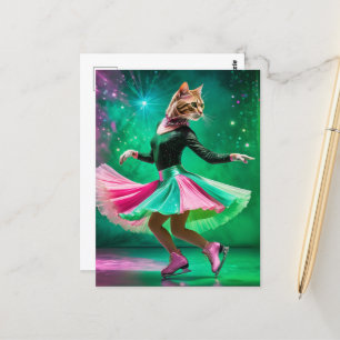 Schattige schaatskat in roze en groen briefkaart