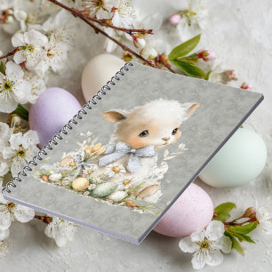 schattige schapen in een weide met bloemen en paas notitieboek