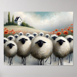Schattige schapen klaprozenveld en een huis poster