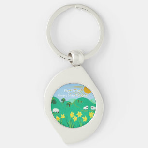 schattige schapen met bomen heuvelen blauwe hemel  sleutelhanger