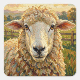 Schattige schapen op een ranch    Boerderijdieren Vierkante Sticker