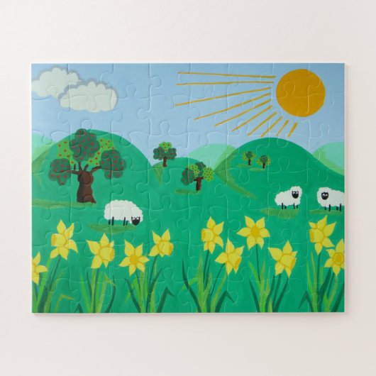 schattige schapenbomen berusten op blauwe hemel en legpuzzel (Horizontaal)