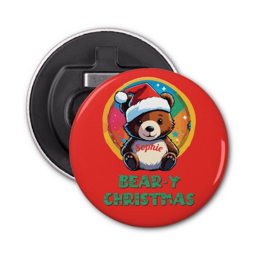 Schattige Schattig Kawaii Chibi Beer-y Kerst Beer Button Flesopener (Voorkant)