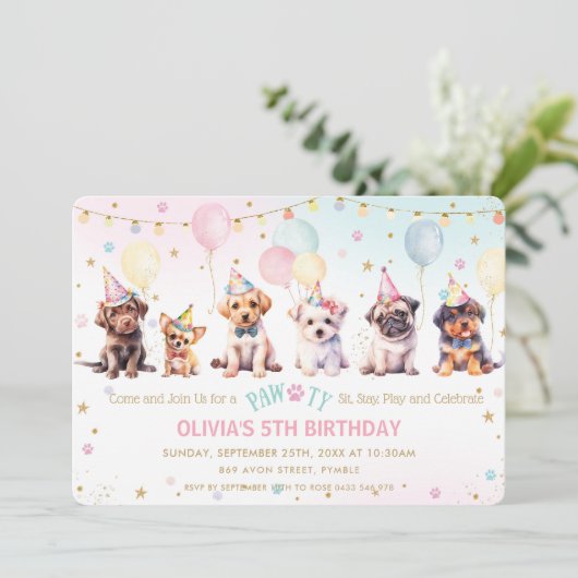 Schattige Schattig Pawty Dog Puppy Verjaardagsfees Kaart (Staand voorkant)