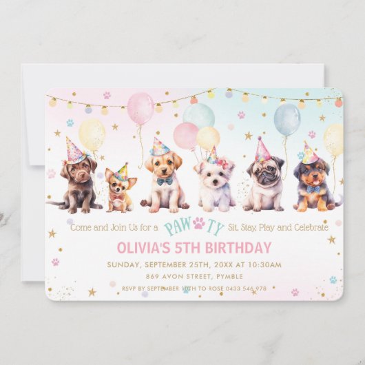 Schattige Schattig Pawty Dog Puppy Verjaardagsfees Kaart (Voorkant)