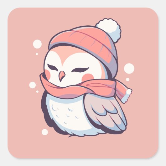 Schattige Schattig Roze Winter Kerstmis Uil Kawaii Vierkante Sticker (Voorkant)