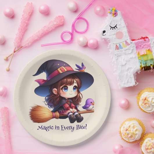 Schattige Schattigee heks met 2 vogeltjes, Hallowe Papieren Bordje (Feest)
