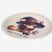 Schattige Schattigee heks met 2 vogeltjes, Hallowe Papieren Bordje (Gekanteld)