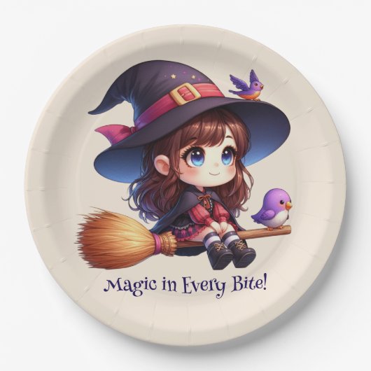 Schattige Schattigee heks met 2 vogeltjes, Hallowe Papieren Bordje (Voorkant)